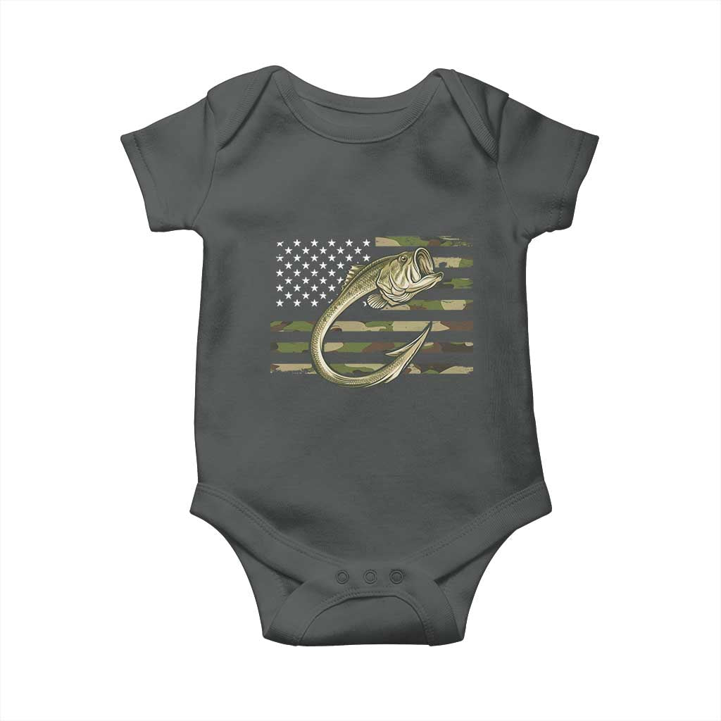 Camo Fish Hook Fishing Baby Onesie Patriotic US Flag Fisherman Camouflage Bass Fishing TS10 Dark Heather Print Your Wear