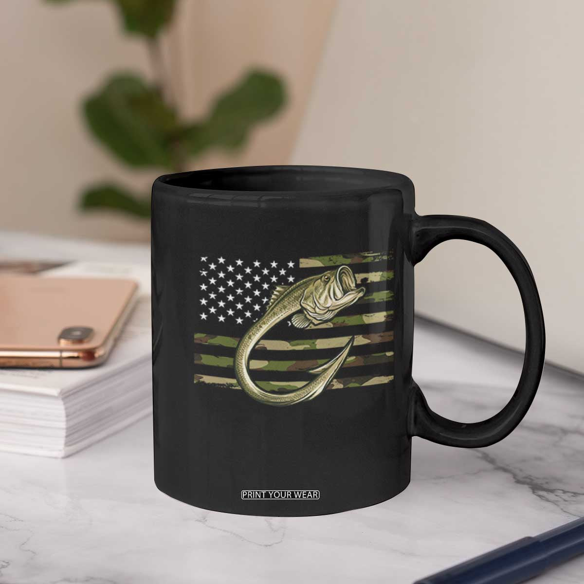 Camo Fish Hook Fishing Coffee Mug Patriotic US Flag Fisherman Camouflage Bass Fishing TS10 Print Your Wear