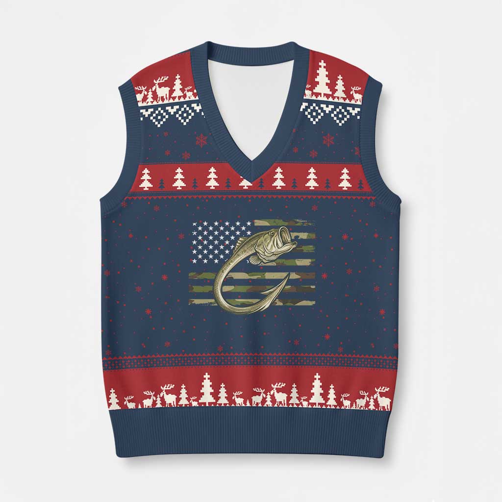 Camo Fish Hook Fishing V-Neck Knit Sweater Vest Patriotic US Flag Fisherman Camouflage Bass Fishing TS10 Navy Red Print Your Wear