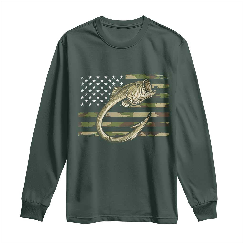 Camo Fish Hook Fishing Long Sleeve Shirt Patriotic US Flag Fisherman Camouflage Bass Fishing TS10 Dark Forest Green Print Your Wear