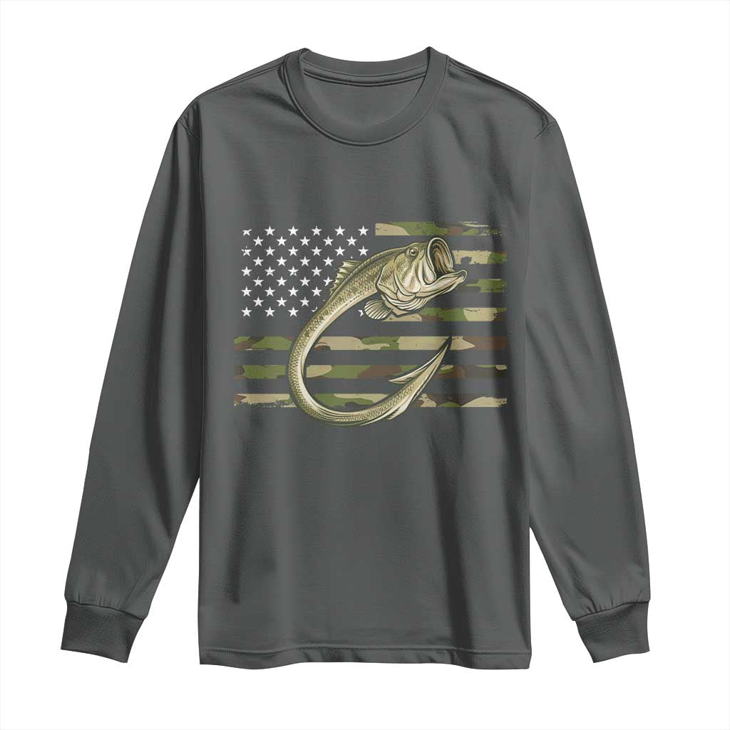 Camo Fish Hook Fishing Long Sleeve Shirt Patriotic US Flag Fisherman Camouflage Bass Fishing TS10 Dark Heather Print Your Wear