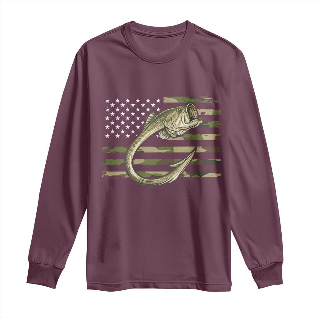 Camo Fish Hook Fishing Long Sleeve Shirt Patriotic US Flag Fisherman Camouflage Bass Fishing TS10 Maroon Print Your Wear