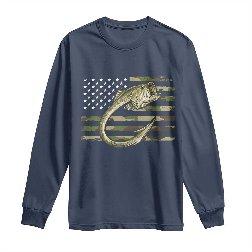 Camo Fish Hook Fishing Long Sleeve Shirt Patriotic US Flag Fisherman Camouflage Bass Fishing TS10 Navy Print Your Wear