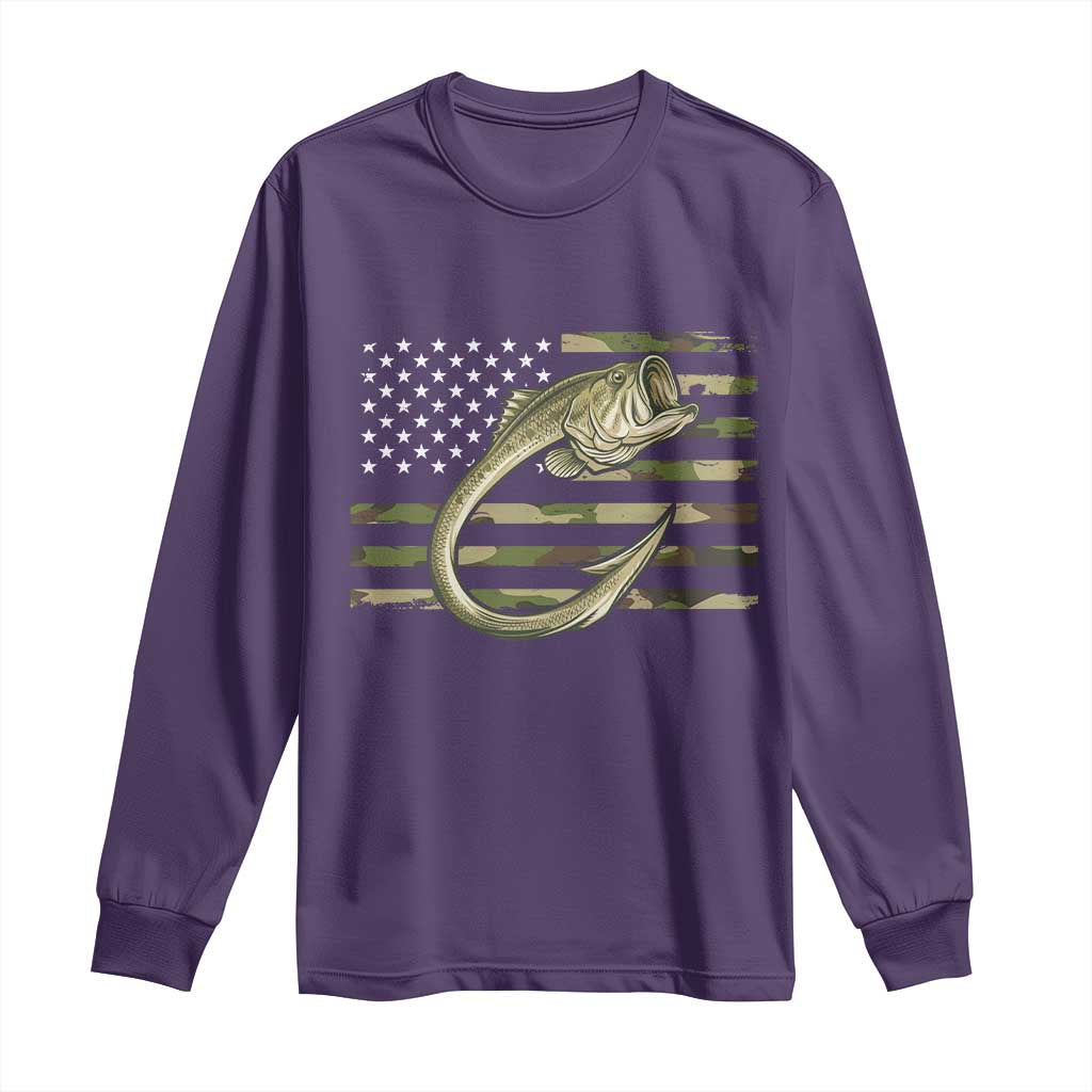 Camo Fish Hook Fishing Long Sleeve Shirt Patriotic US Flag Fisherman Camouflage Bass Fishing TS10 Purple Print Your Wear