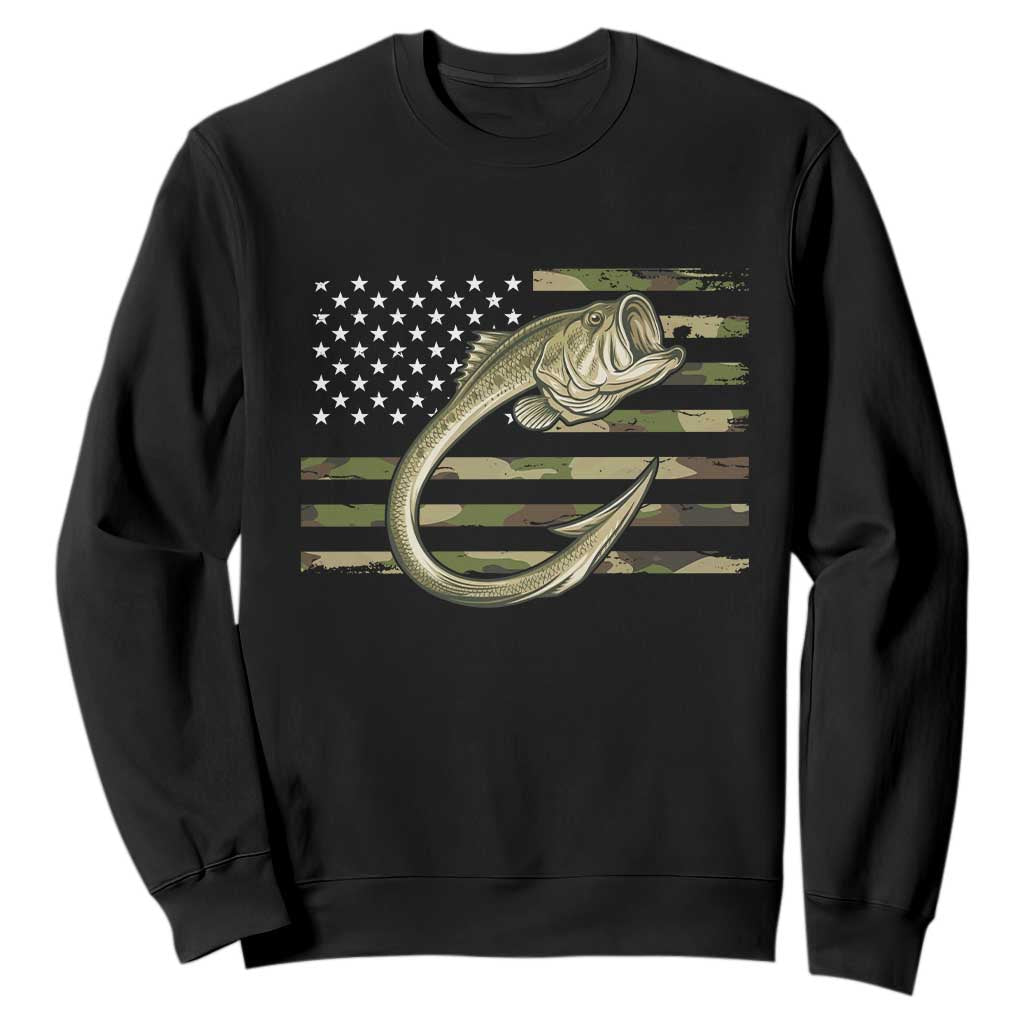 Camo Fish Hook Fishing Sweatshirt Patriotic US Flag Fisherman Camouflage Bass Fishing TS10 Black Print Your Wear
