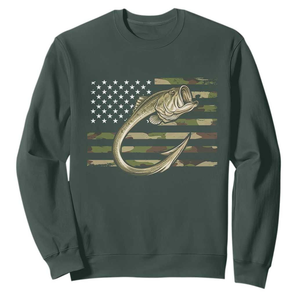 Camo Fish Hook Fishing Sweatshirt Patriotic US Flag Fisherman Camouflage Bass Fishing TS10 Dark Forest Green Print Your Wear