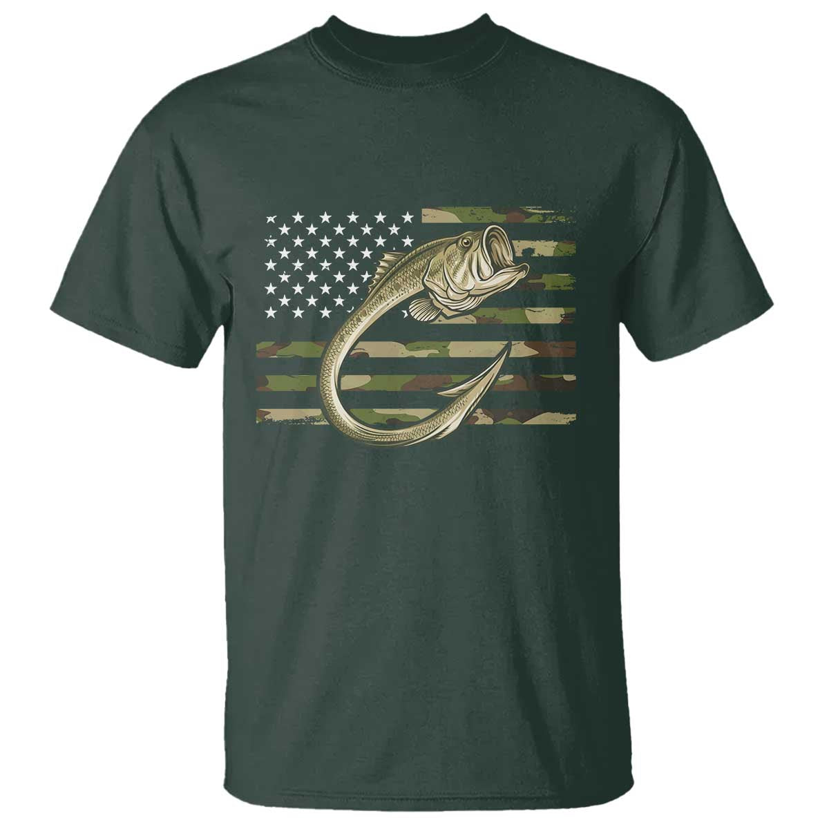 Camo Fish Hook Fishing T Shirt Patriotic US Flag Fisherman Camouflage Bass Fishing TS10 Dark Forest Green Print Your Wear