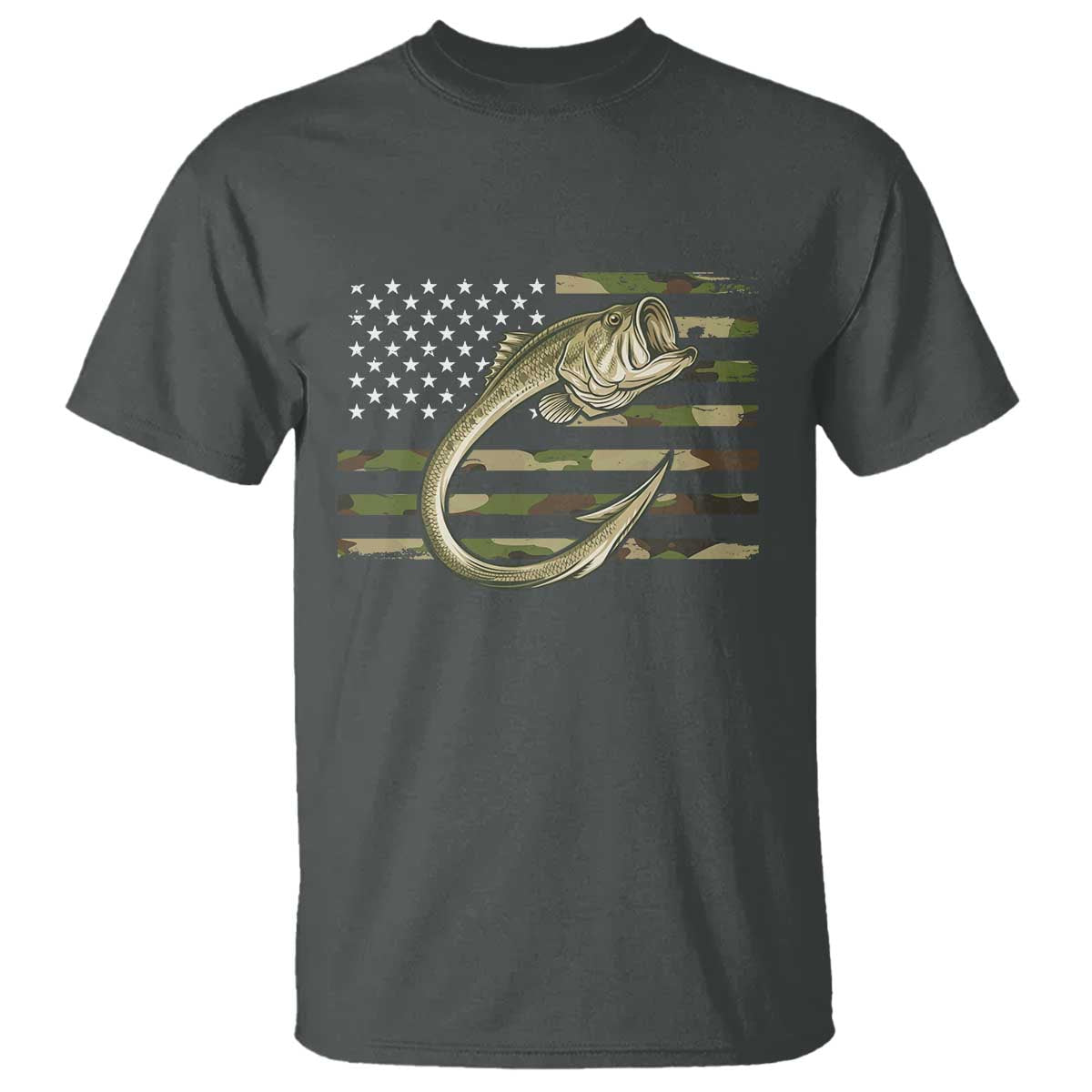 Camo Fish Hook Fishing T Shirt Patriotic US Flag Fisherman Camouflage Bass Fishing TS10 Dark Heather Print Your Wear