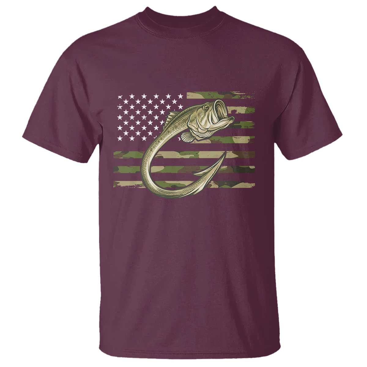 Camo Fish Hook Fishing T Shirt Patriotic US Flag Fisherman Camouflage Bass Fishing TS10 Maroon Print Your Wear