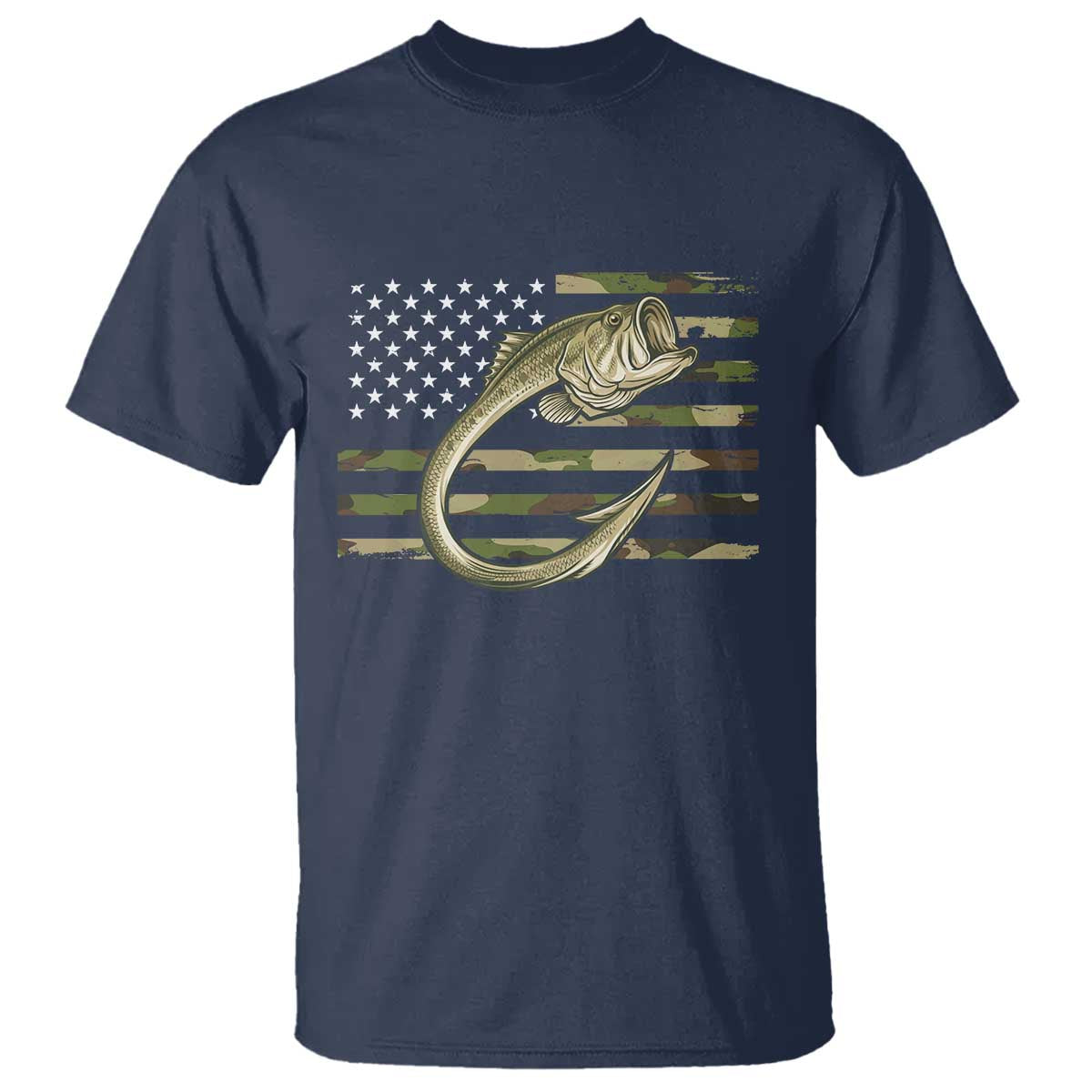 Camo Fish Hook Fishing T Shirt Patriotic US Flag Fisherman Camouflage Bass Fishing TS10 Navy Print Your Wear
