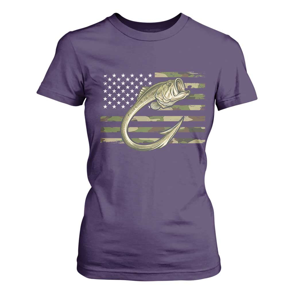 Camo Fish Hook Fishing T Shirt For Women Patriotic US Flag Fisherman Camouflage Bass Fishing TS10 Purple Print Your Wear