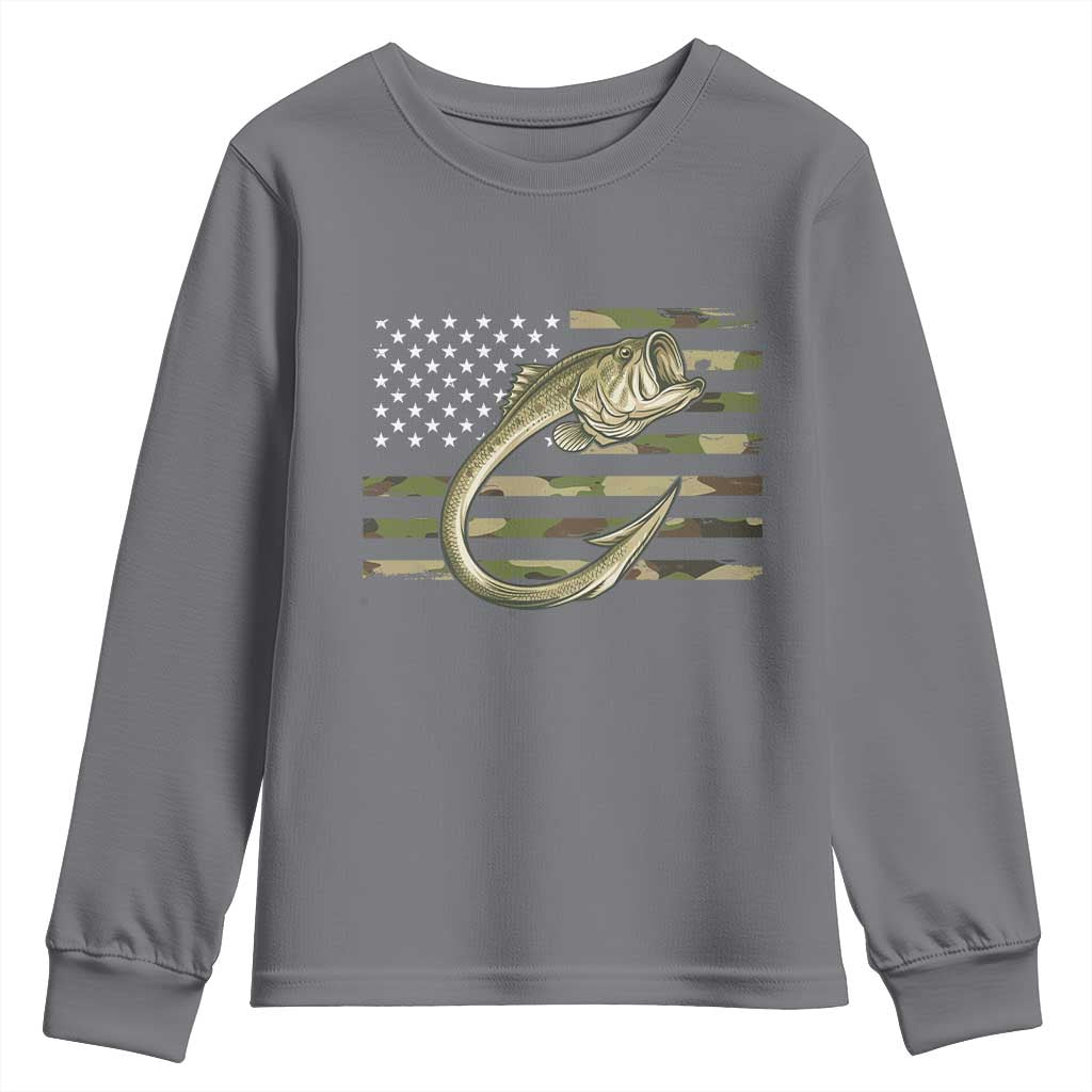 Camo Fish Hook Fishing Youth Sweatshirt Patriotic US Flag Fisherman Camouflage Bass Fishing TS10 Charcoal Print Your Wear
