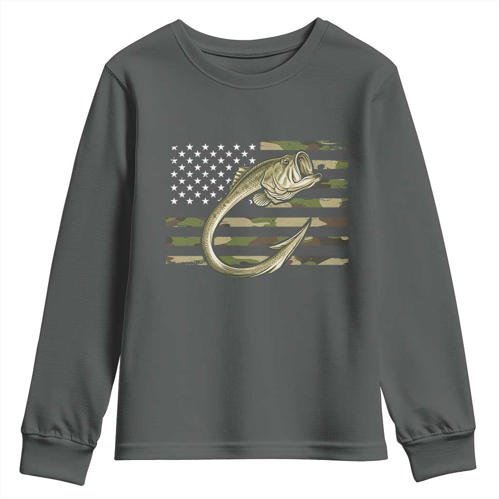 Camo Fish Hook Fishing Youth Sweatshirt Patriotic US Flag Fisherman Camouflage Bass Fishing TS10 Dark Heather Print Your Wear