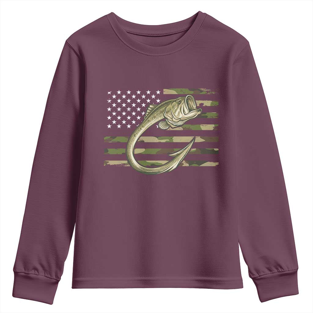 Camo Fish Hook Fishing Youth Sweatshirt Patriotic US Flag Fisherman Camouflage Bass Fishing TS10 Maroon Print Your Wear