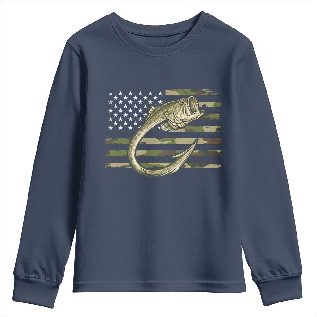 Camo Fish Hook Fishing Youth Sweatshirt Patriotic US Flag Fisherman Camouflage Bass Fishing TS10 Navy Print Your Wear