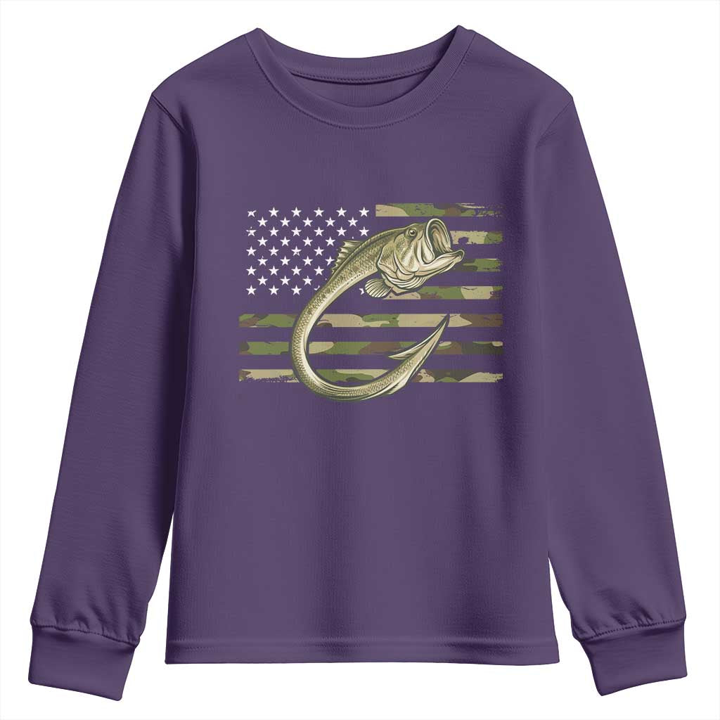 Camo Fish Hook Fishing Youth Sweatshirt Patriotic US Flag Fisherman Camouflage Bass Fishing TS10 Purple Print Your Wear