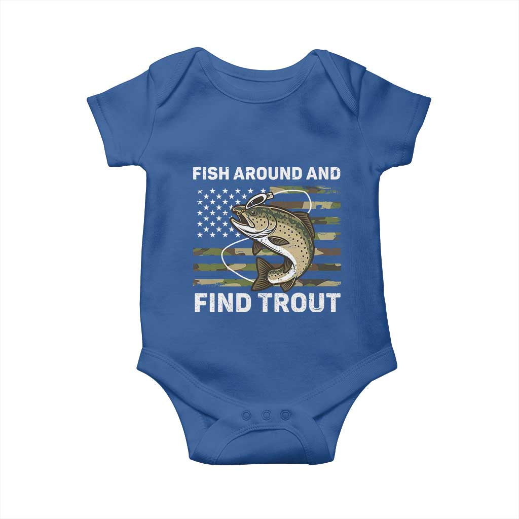 Fish Around and Find Trout Baby Onesie Camo Bass Fishing Meme US Flag Punny Pun Dad TS10 Royal Blue Print Your Wear