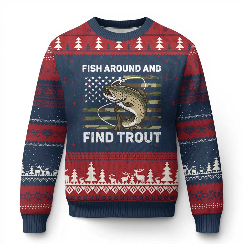 Fish Around and Find Trout Ugly Christmas Sweater Camo Bass Fishing Meme US Flag Punny Pun Dad TS10 Navy Red Print Your Wear