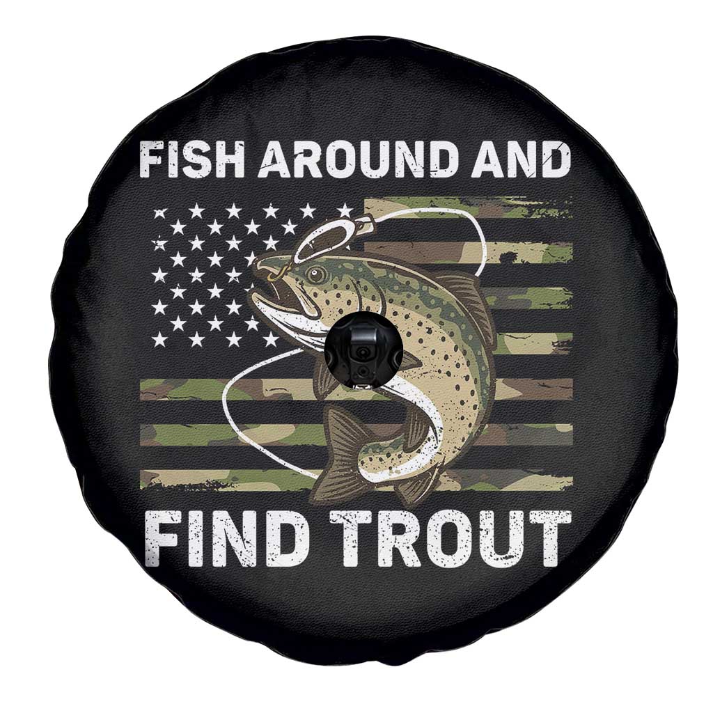 Fish Around and Find Trout Spare Tire Cover Camo Bass Fishing Meme US Flag Punny Pun Dad TS10 Print Your Wear