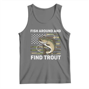 Fish Around and Find Trout Tank Top Camo Bass Fishing Meme US Flag Punny Pun Dad TS10 Black Heather Print Your Wear