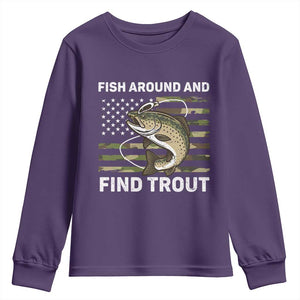 Fish Around and Find Trout Youth Sweatshirt Camo Bass Fishing Meme US Flag Punny Pun Dad TS10 Purple Print Your Wear