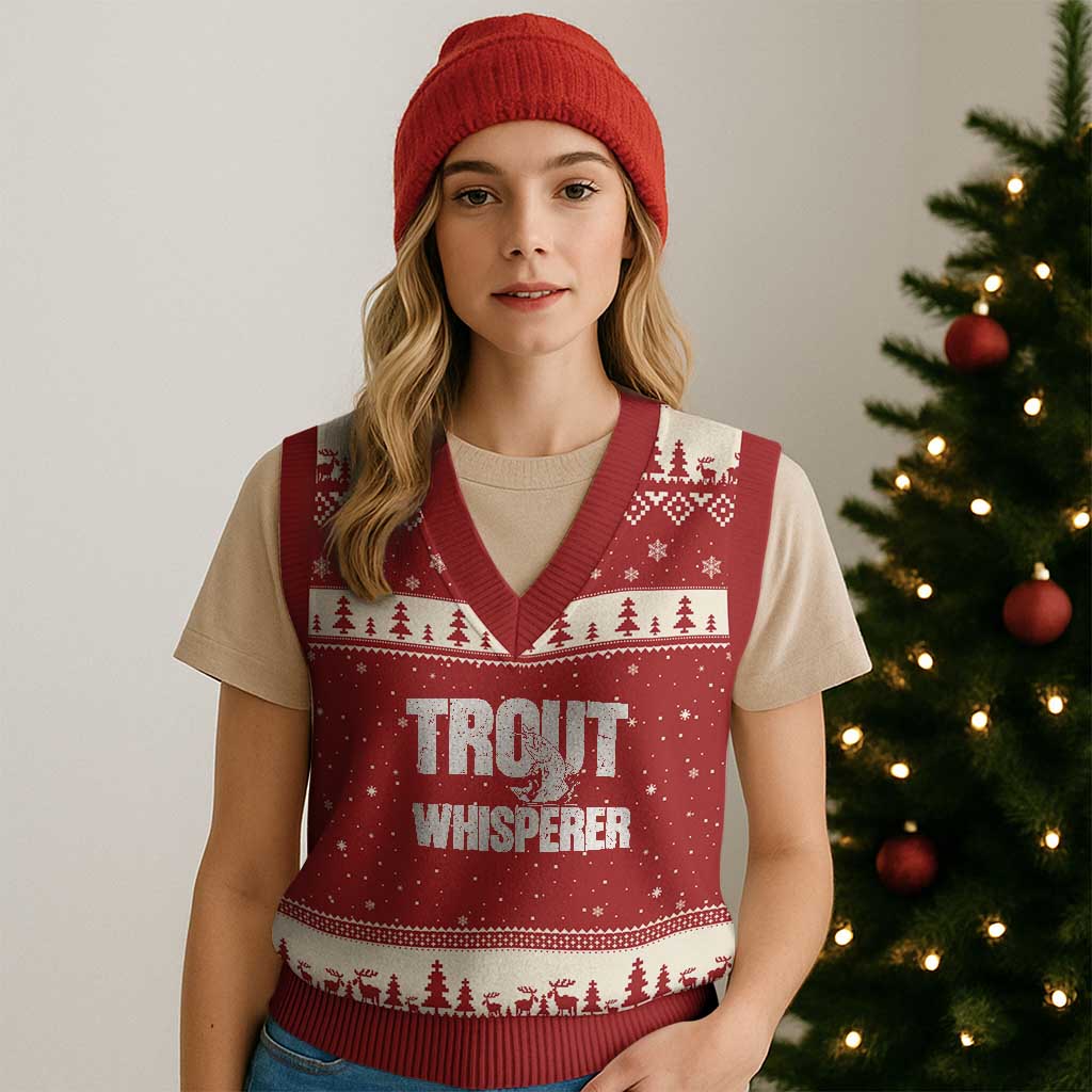 Trout Fishing V-Neck Knit Sweater Vest Funny Fishing Fisherman Trout Whisperer Gift TS10 Red Beige Print Your Wear