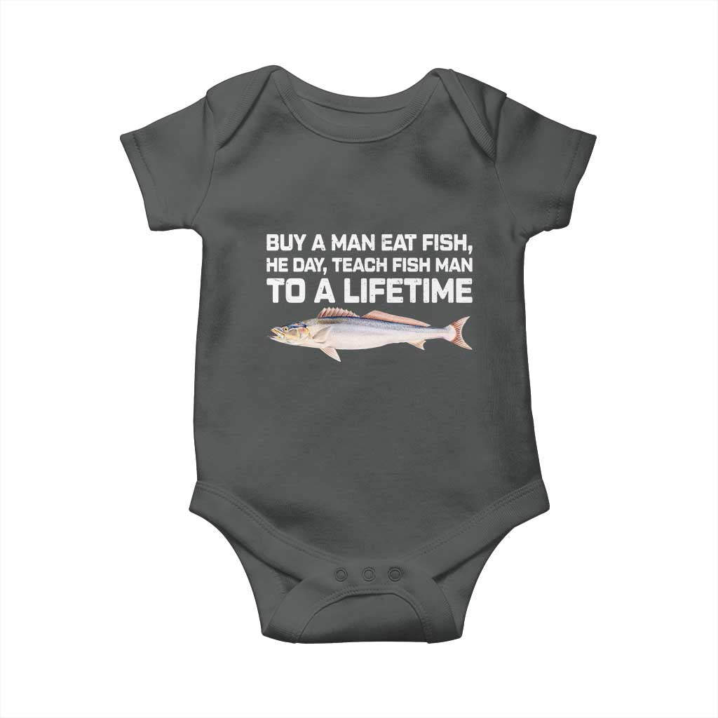 Funny Fishing Meme Baby Onesie Buy A Man Eat Fish Inappropriate TS10 Dark Heather Print Your Wear