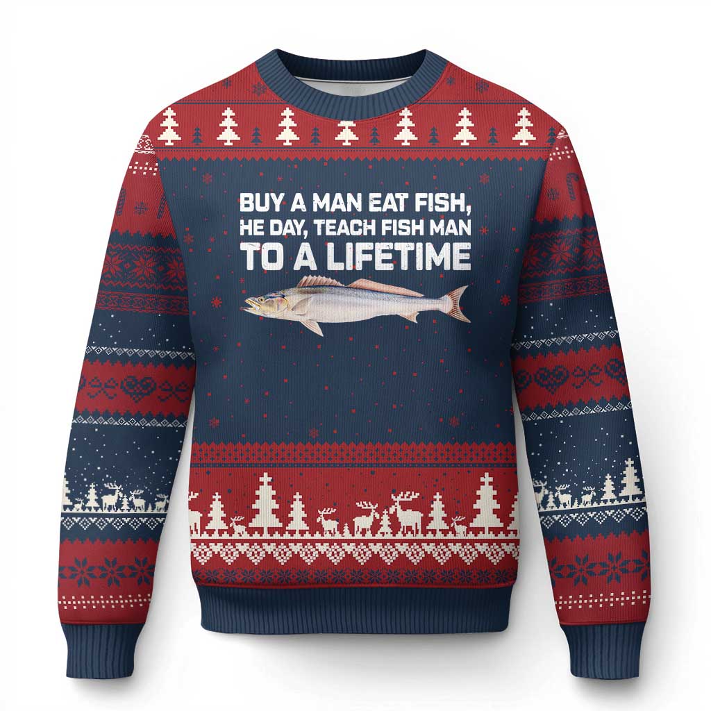 Funny Fishing Meme Ugly Christmas Sweater Buy A Man Eat Fish Inappropriate TS10 Navy Red Print Your Wear