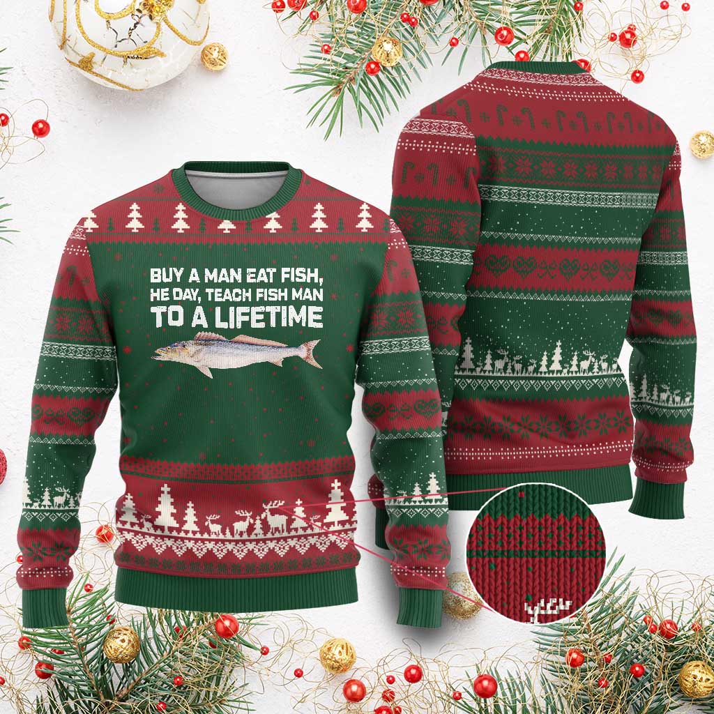 Funny Fishing Meme Ugly Christmas Sweater Buy A Man Eat Fish Inappropriate TS10 Red Green Print Your Wear