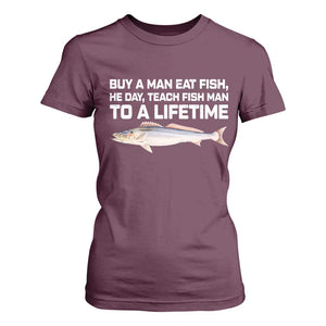 Funny Fishing Meme T Shirt For Women Buy A Man Eat Fish Inappropriate TS10 Maroon Print Your Wear