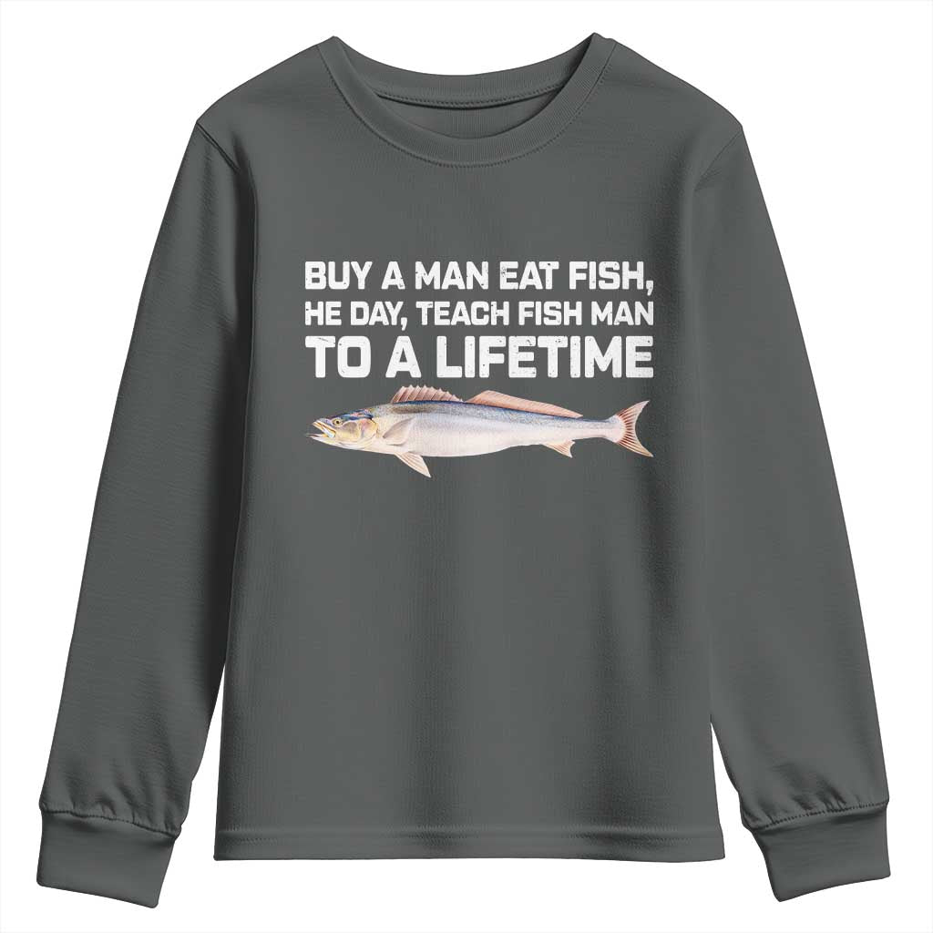 Funny Fishing Meme Youth Sweatshirt Buy A Man Eat Fish Inappropriate TS10 Dark Heather Print Your Wear