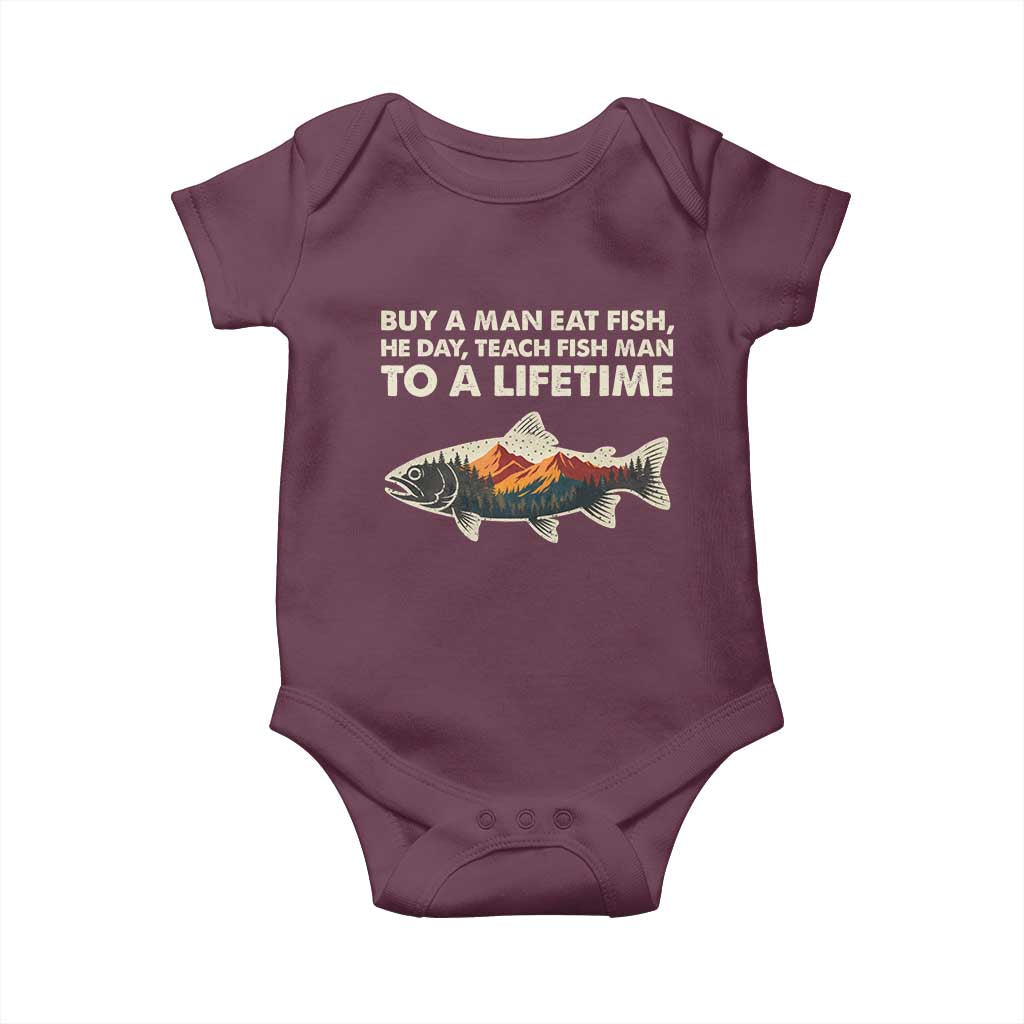Funny Fishing Meme Baby Onesie Vintage Buy A Man Eat Fish Inappropriate TS10 Maroon Print Your Wear