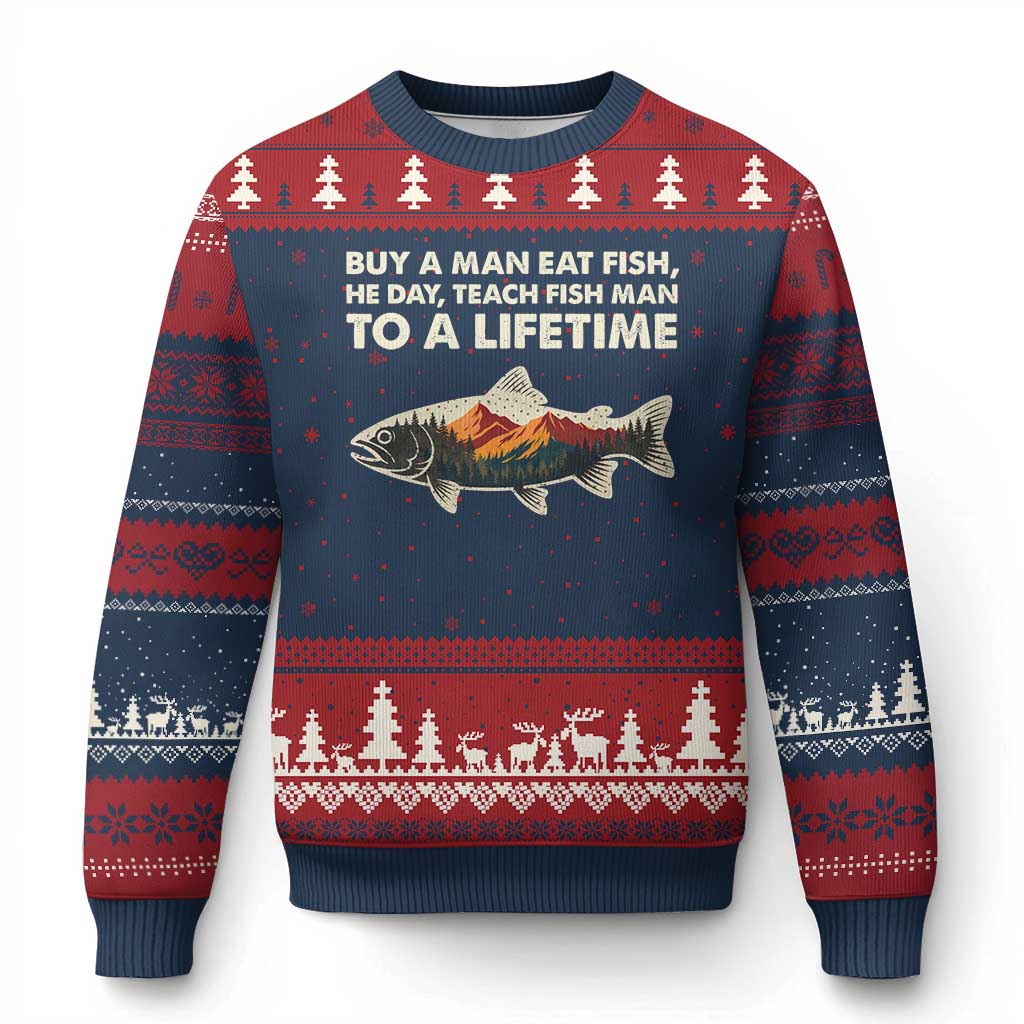 Funny Fishing Meme Ugly Christmas Sweater Vintage Buy A Man Eat Fish Inappropriate TS10 Navy Red Print Your Wear
