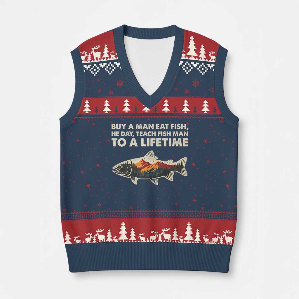 Funny Fishing Meme V-Neck Knit Sweater Vest Vintage Buy A Man Eat Fish Inappropriate TS10 Navy Red Print Your Wear