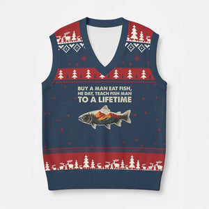 Funny Fishing Meme V-Neck Knit Sweater Vest Vintage Buy A Man Eat Fish Inappropriate TS10 Navy Red Print Your Wear