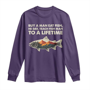 Funny Fishing Meme Long Sleeve Shirt Vintage Buy A Man Eat Fish Inappropriate TS10 Purple Print Your Wear