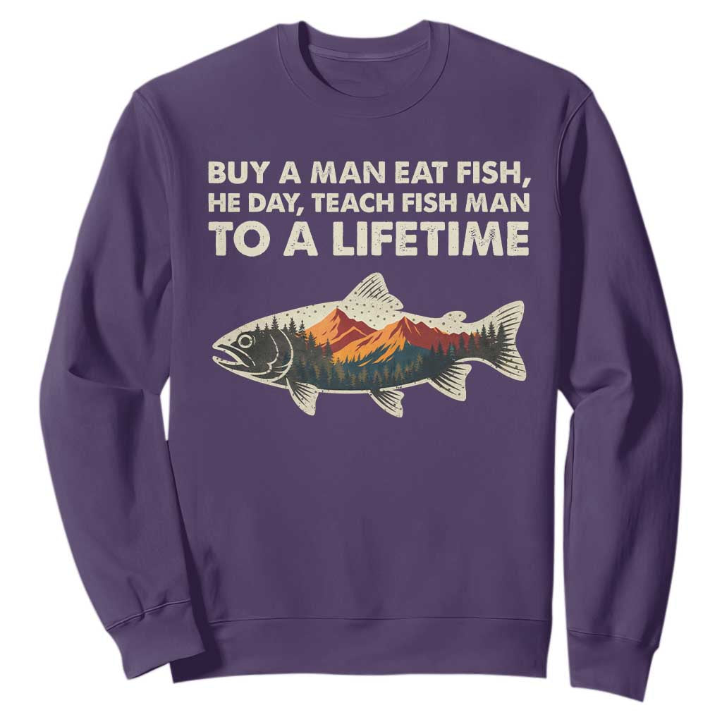 Funny Fishing Meme Sweatshirt Vintage Buy A Man Eat Fish Inappropriate TS10 Purple Print Your Wear