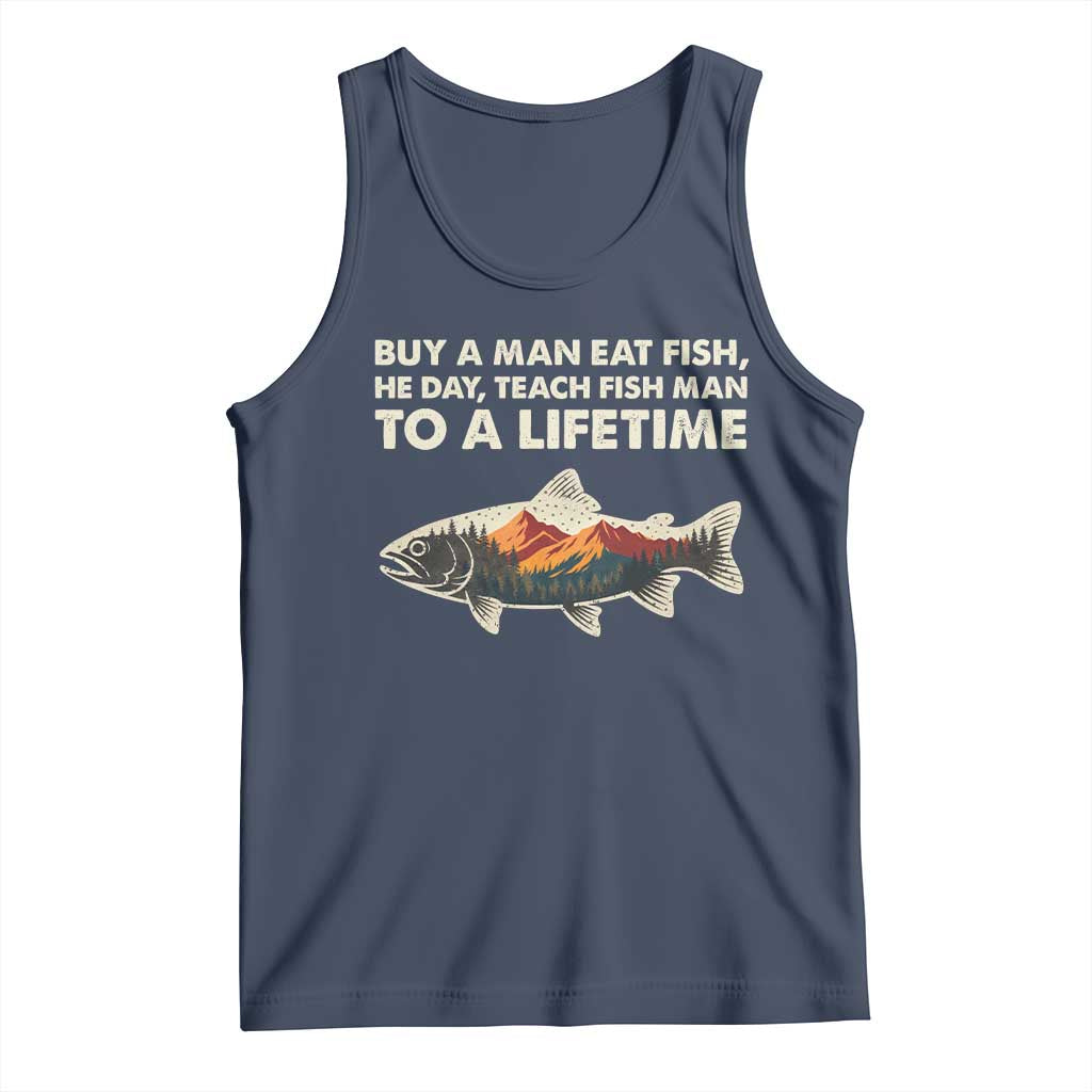 Funny Fishing Meme Tank Top Vintage Buy A Man Eat Fish Inappropriate TS10 Navy Print Your Wear
