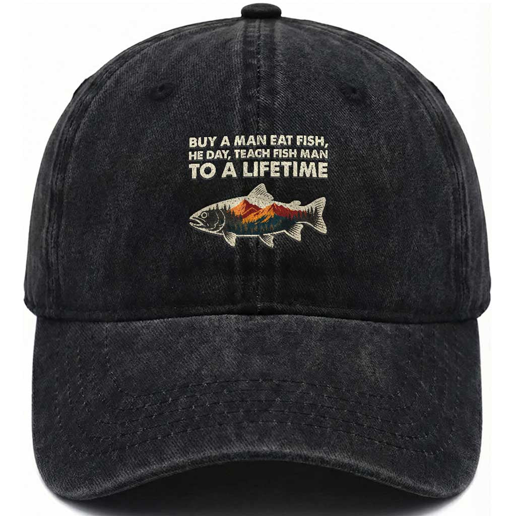Funny Fishing Meme Washed Cotton Baseball Cap Vintage Buy A Man Eat Fish Inappropriate