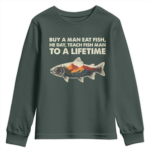 Funny Fishing Meme Youth Sweatshirt Vintage Buy A Man Eat Fish Inappropriate TS10 Dark Forest Green Print Your Wear