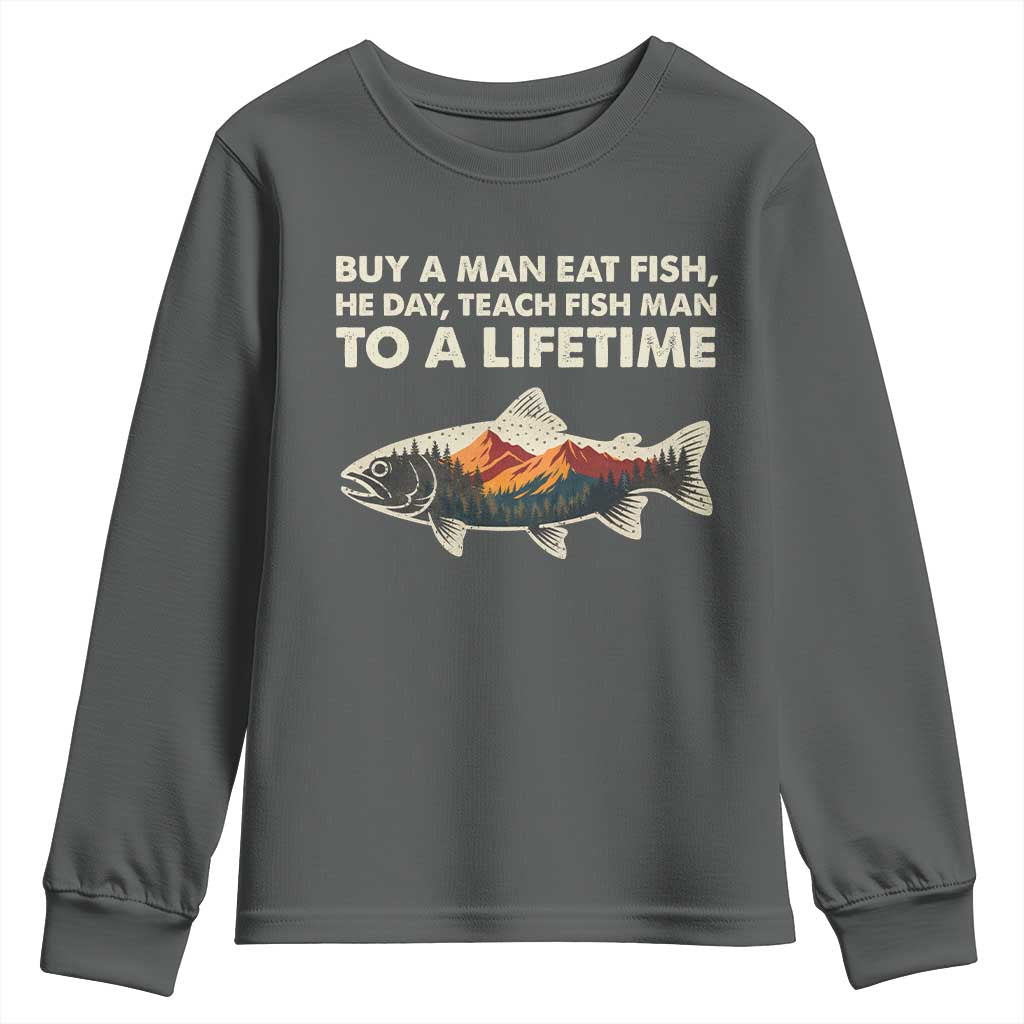 Funny Fishing Meme Youth Sweatshirt Vintage Buy A Man Eat Fish Inappropriate TS10 Dark Heather Print Your Wear
