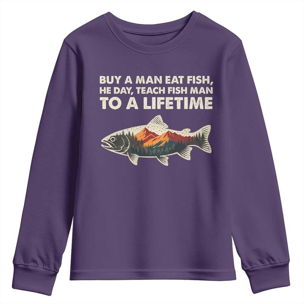 Funny Fishing Meme Youth Sweatshirt Vintage Buy A Man Eat Fish Inappropriate TS10 Purple Print Your Wear