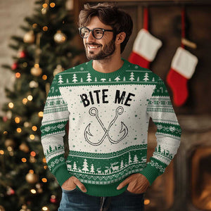 Cool Catchy Angler Ugly Christmas Sweater Retro Bite Me Bass Fishing Fishermen TS10 Beige Green Print Your Wear