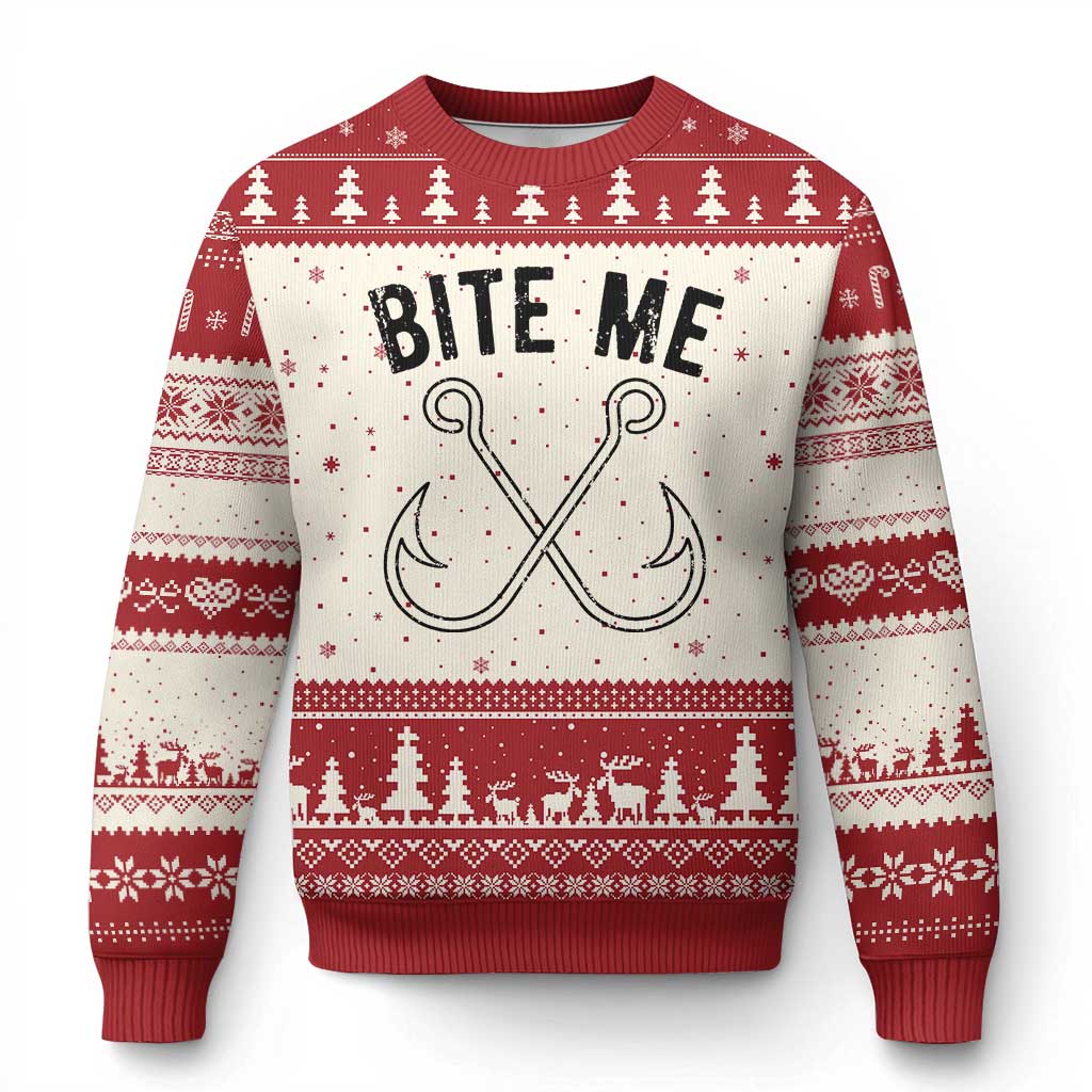 Cool Catchy Angler Ugly Christmas Sweater Retro Bite Me Bass Fishing Fishermen TS10 Beige Red Print Your Wear