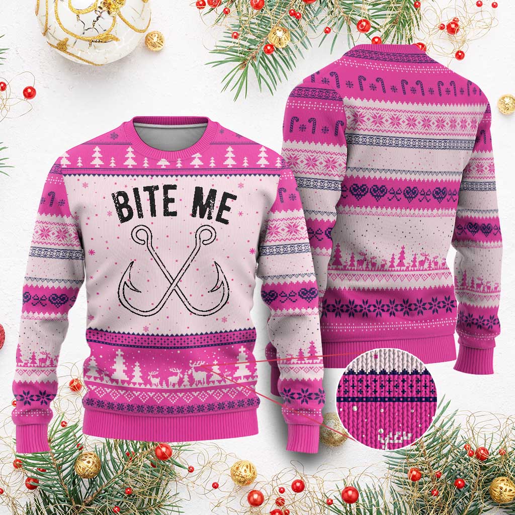 Cool Catchy Angler Ugly Christmas Sweater Retro Bite Me Bass Fishing Fishermen TS10 Hot Pink Print Your Wear
