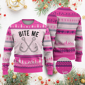Cool Catchy Angler Ugly Christmas Sweater Retro Bite Me Bass Fishing Fishermen TS10 Hot Pink Print Your Wear