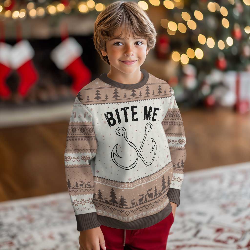 Cool Catchy Angler Ugly Christmas Sweater Retro Bite Me Bass Fishing Fishermen TS10 Mocha Mousse Print Your Wear