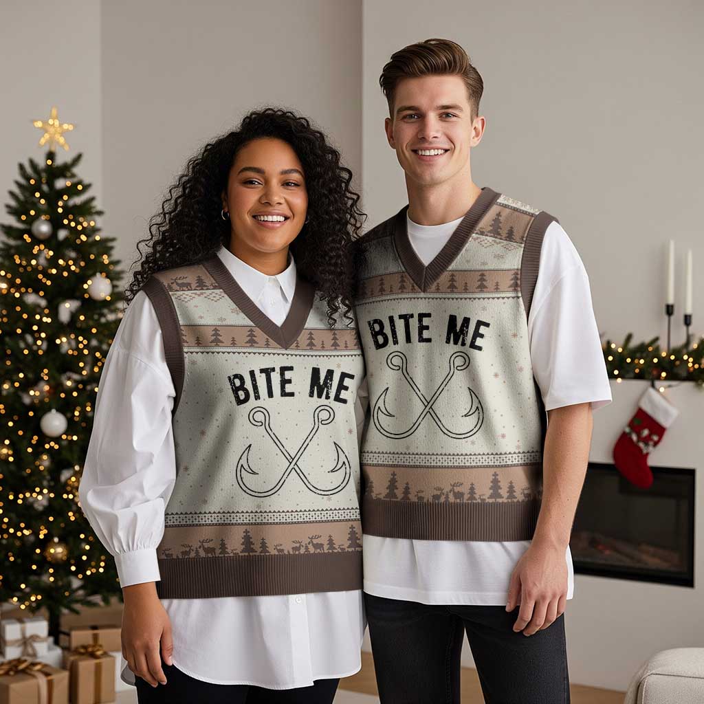 Cool Catchy Angler V-Neck Knit Sweater Vest Retro Bite Me Bass Fishing Fishermen TS10 Mocha Mousse Print Your Wear
