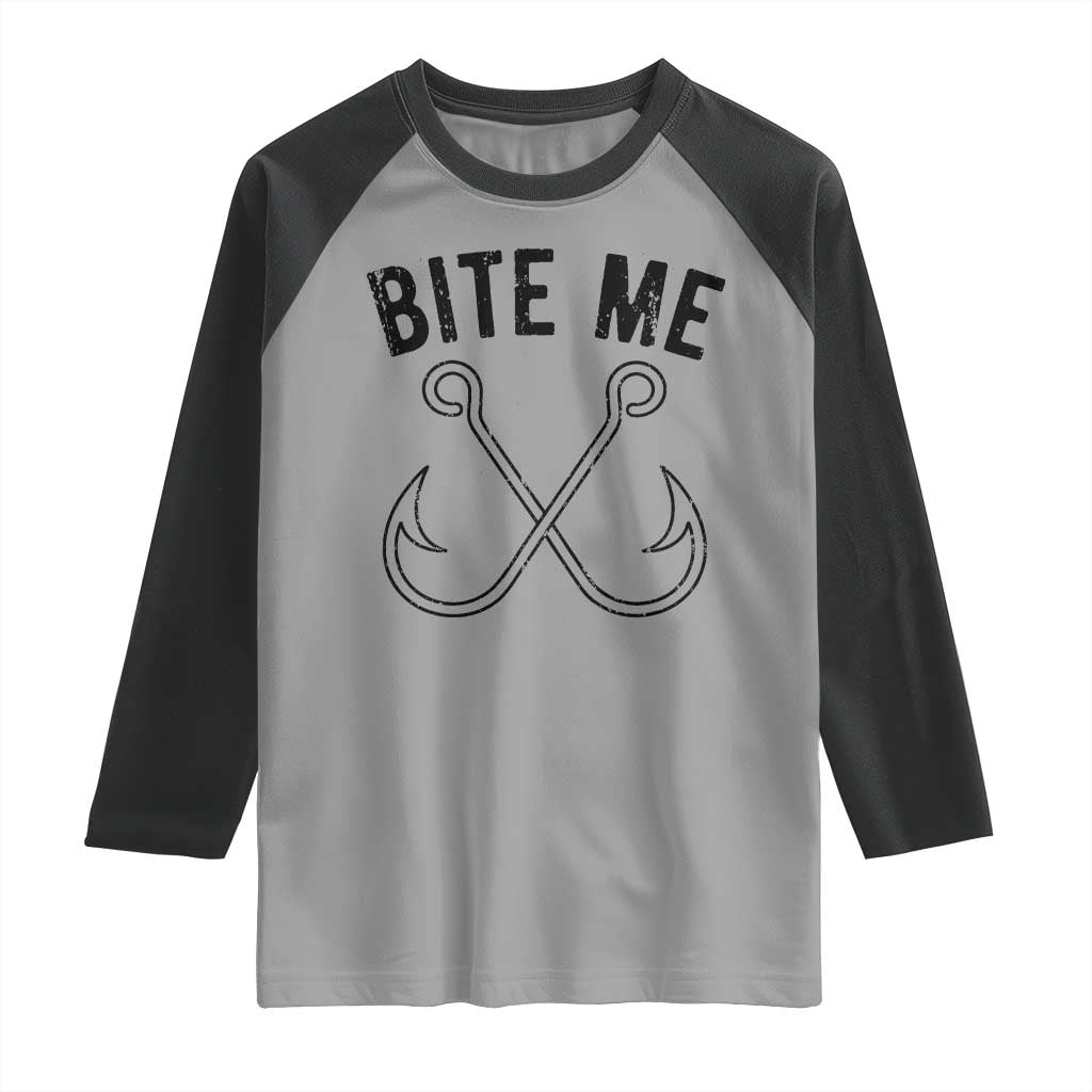 Cool Catchy Angler Raglan Shirt Retro Bite Me Bass Fishing Fishermen TS10 Sport Gray Black Print Your Wear