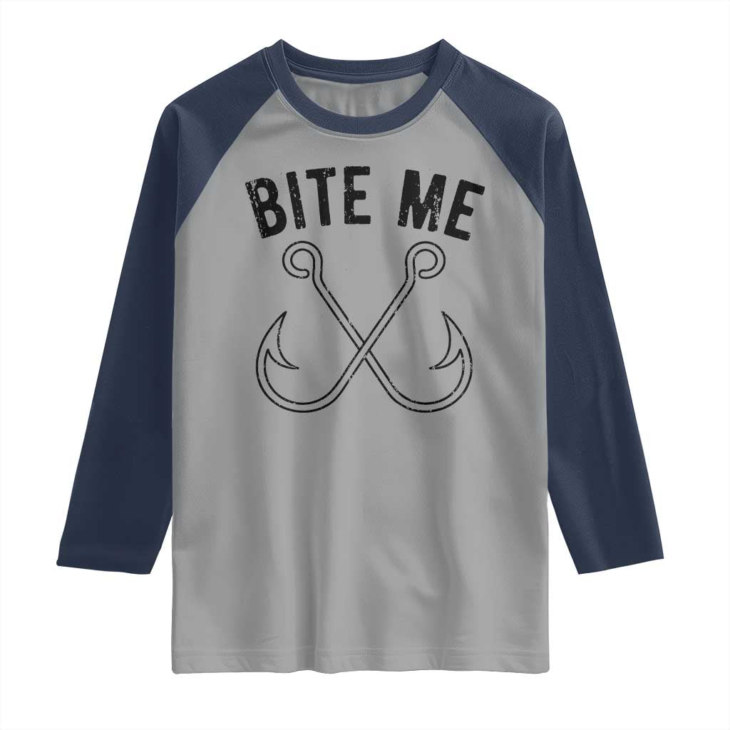 Cool Catchy Angler Raglan Shirt Retro Bite Me Bass Fishing Fishermen TS10 Sport Gray Navy Print Your Wear